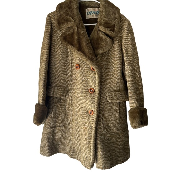 Vintage 60s Herringbone Tweed Overcoat Faux Fur Collar Trim Double Breasted Mens - Picture 1 of 10